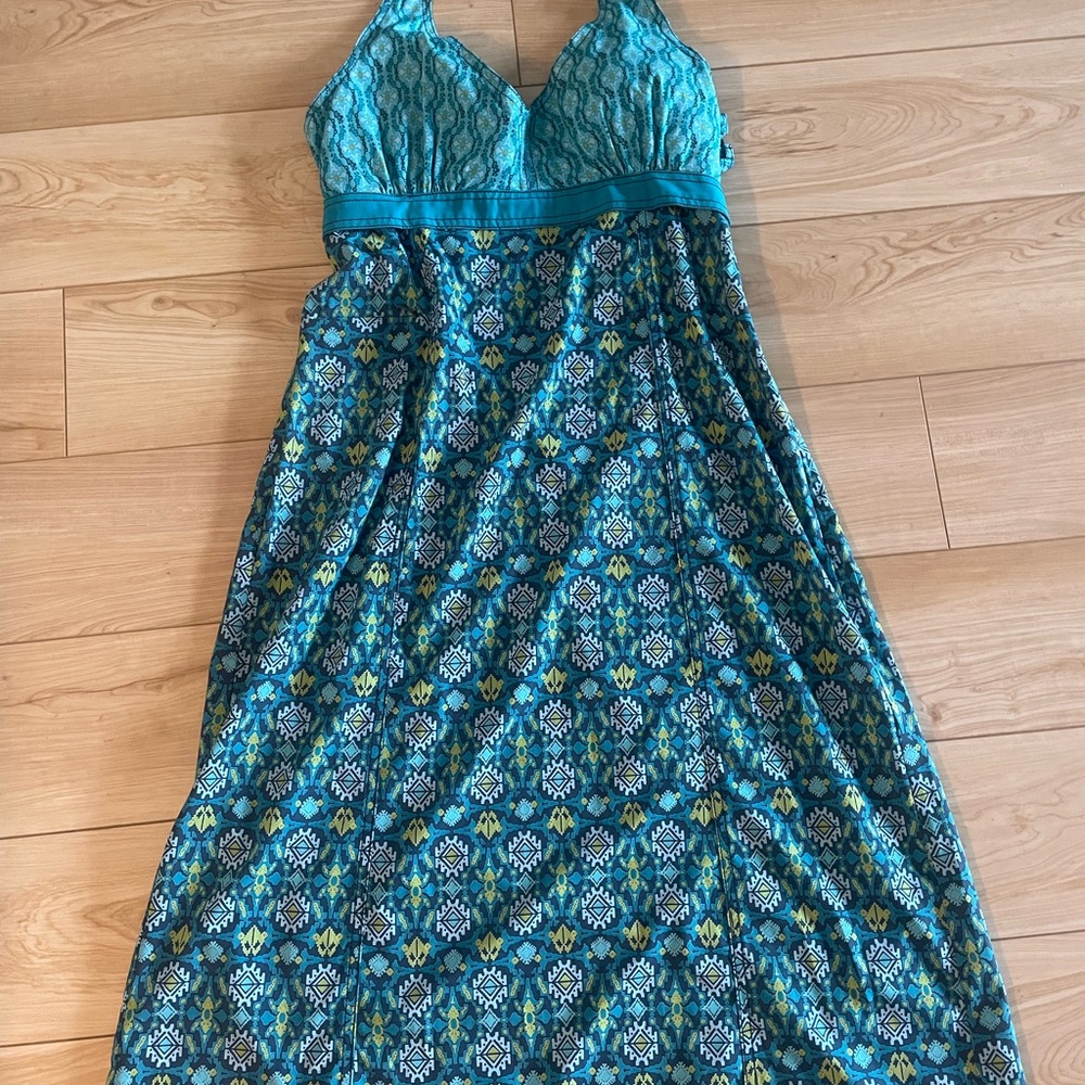 Athleta Blue and Yellow Patterned Maxi Dress